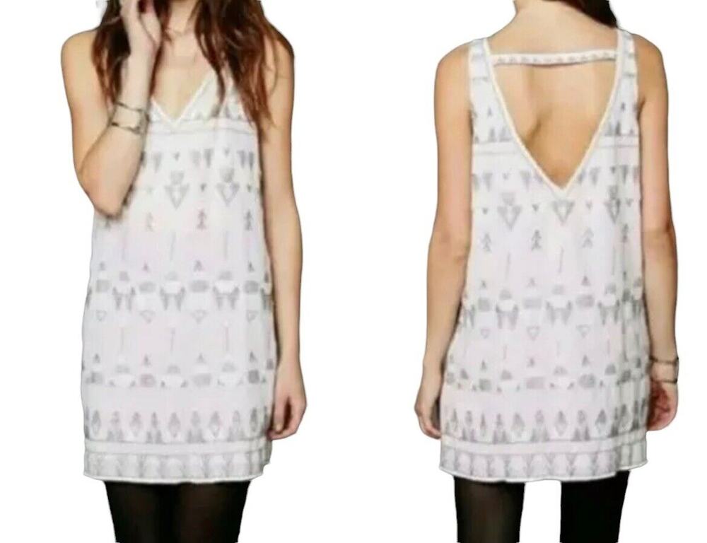 Free People FRANCES BEAN Pale Pink Crepe Beaded Embroidered Tunic Dress Size XS